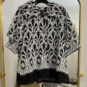 JM Collection Black and White Floral Lace Blouse